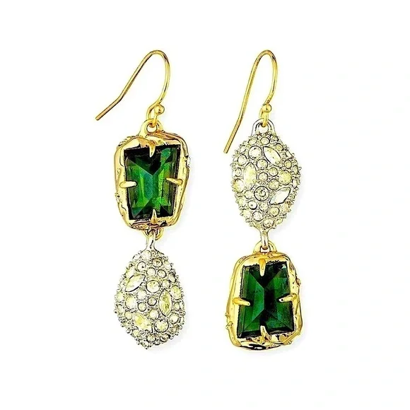 ALEXIS BITTAR Double Drop Mismatched Green Crystal Dangle Earrings - Picture 5 of 12